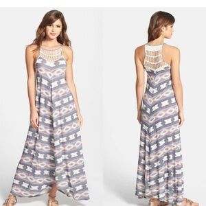 Lucky Brand maxi halter dress S hi-lo hem, front back top crochet